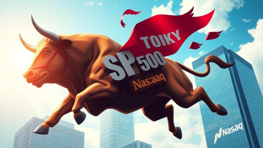 A visual representation of the stock market, perhaps a bull, soaring upwards, carrying the Dow, S&P 500, and Nasdaq symbols, with a bright and optimistic atmosphere.