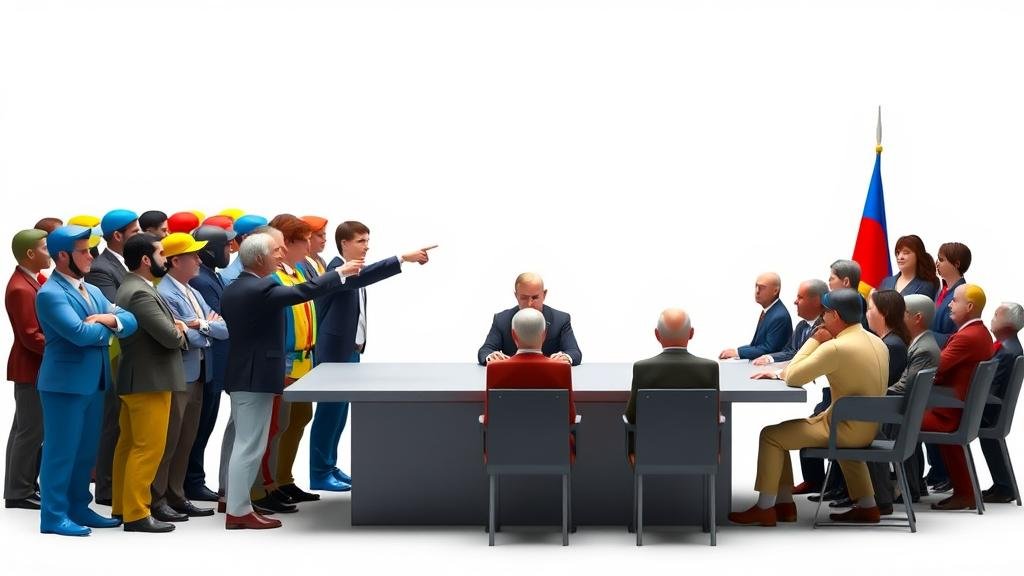 A diverse group of figures representing European nations standing together, strong and united. They are pointing assertively towards a seat at a large negotiation table, where figures representing the US and Russia are already seated.