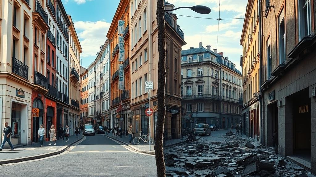 A split-panel image. On one side, a vibrant, modern European city street. On the other side, the same street is shown cracked, damaged, and under the shadow of war, illustrating the conflict's immediate and jarring impact on the continent.