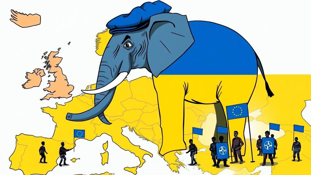 A giant, continent-sized elephant wearing a beret, representing the Ukraine war, looms over a stylized map of Europe. Tiny, anxious figures with EU and NATO flags on them look up at the elephant, conveying a sense of being overwhelmed and sidelined.