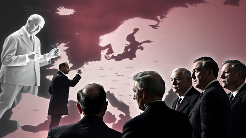 Ghostly, historical figures from the Yalta Conference are seen drawing lines on a map of Europe. In the foreground, modern European leaders look on with apprehension, fearful of a new deal being struck above their heads that will decide their fate.