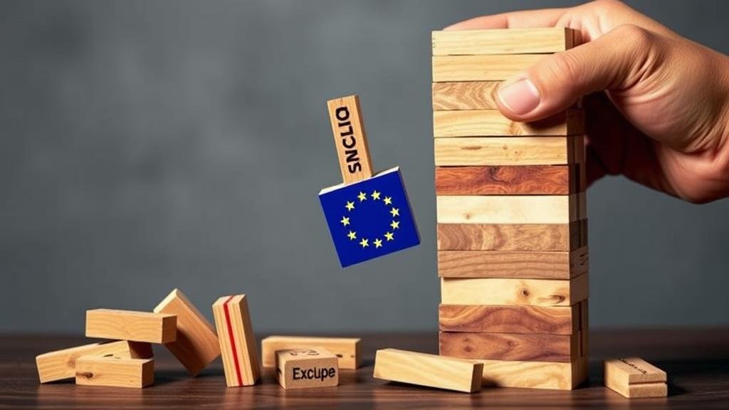 A Jenga tower representing the transatlantic alliance is on the verge of collapse. A hand labeled 'Exclusion' is recklessly pulling out a block representing Europe, causing the entire structure to become unstable. This image serves as a stark warning about the dangers of sidelining European allies in any peace negotiations, emphasizing the potential for a 'flawed and unsustainable peace.'