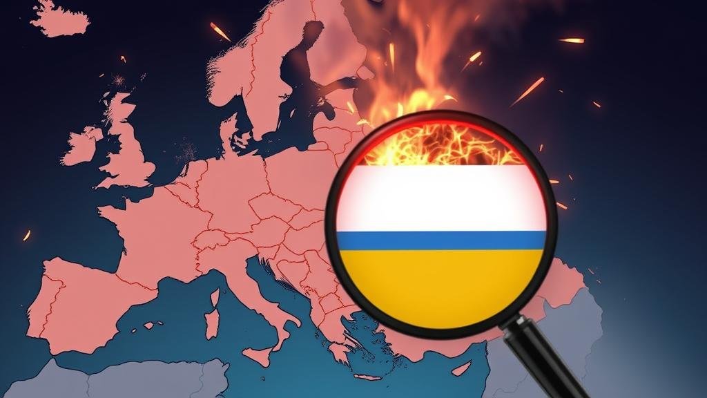 A stylized map of Europe is shown with a palpable sense of anxiety. The map is depicted as a tinderbox with sparks flying, symbolizing the escalating tensions and the continent's fear of a premature U.S.-Russia peace deal. In the foreground, a magnifying glass focuses on the border of Ukraine, highlighting the immediate threat and the ripple effect of the conflict.