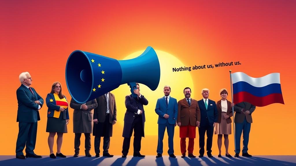 A powerful visual of European unity. Leaders of EU and NATO countries are standing shoulder-to-shoulder, holding a single, large megaphone. They are projecting a unified voice across the Atlantic towards the United States and Russia. The message is clear: 'Nothing about us, without us.' The background shows a rising sun, symbolizing a new era of European strategic autonomy.