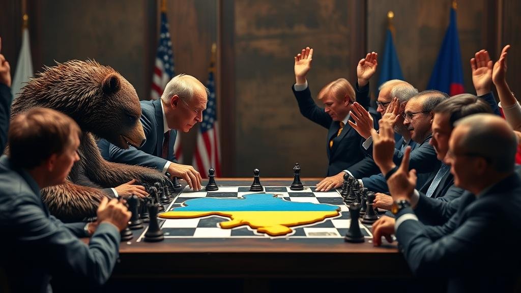 A high-stakes geopolitical chess match. On one side, the Russian bear and the American eagle are locked in a tense negotiation over a miniature model of Ukraine. On the other side, a diverse group of European leaders are seen raising their hands, demanding a seat at the table. The atmosphere is charged with a sense of urgency and exclusion.