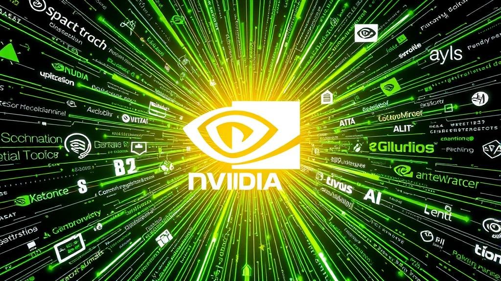 A central Nvidia logo sending out waves of positive energy that lift up other tech company logos, symbolizing a ripple effect.