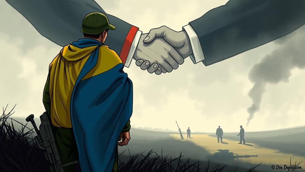 A Ukrainian soldier looks over a battlefield while in the background, US and Russian figures shake hands, symbolizing a potential betrayal.