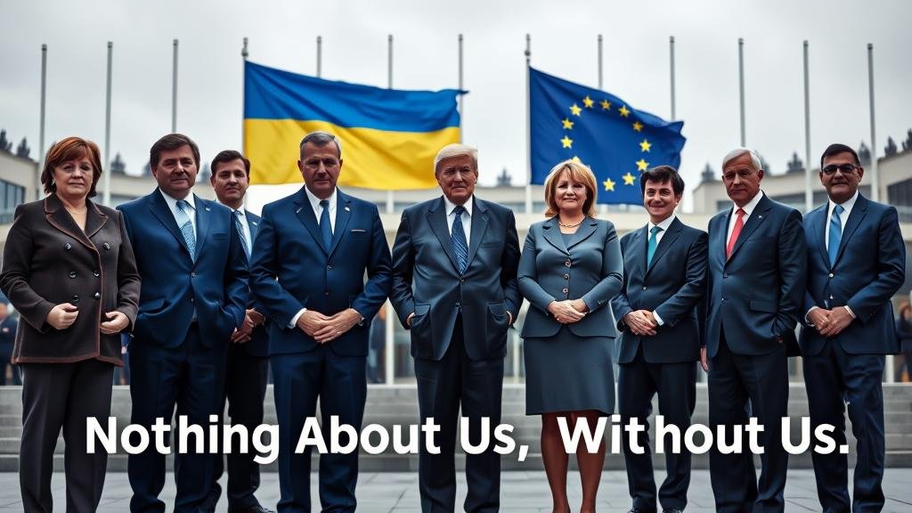 European leaders stand shoulder-to-shoulder in a united front, with EU and Ukrainian flags and the words 'Nothing About Us, Without Us' symbolizing solidarity.