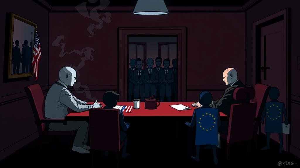 A stylized digital illustration of a clandestine meeting between US and Russian figures, with European leaders excluded outside a closed door.