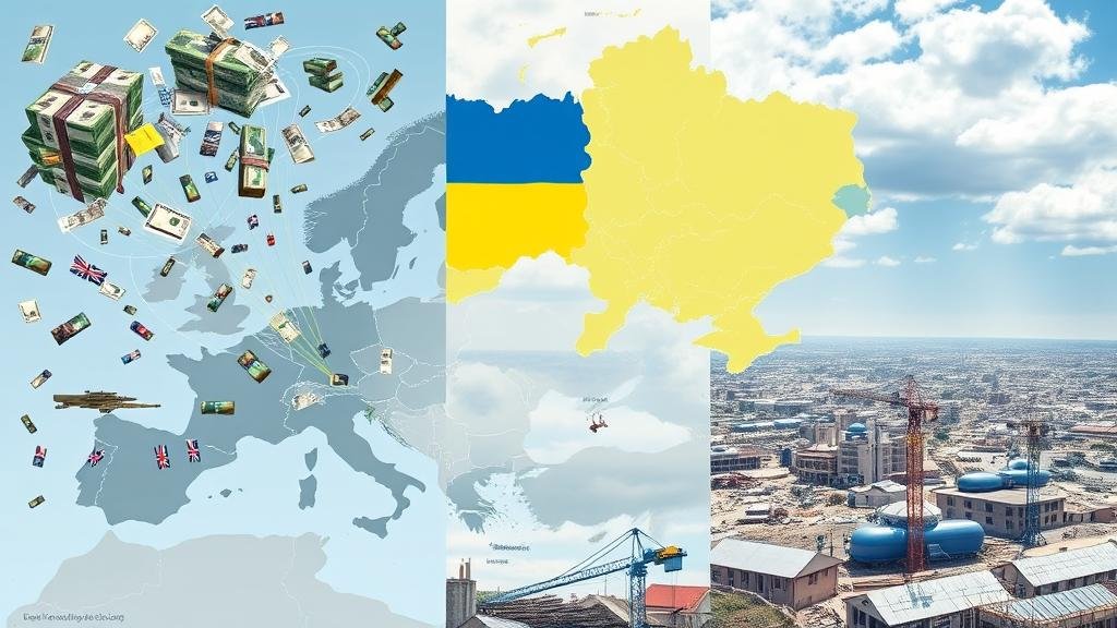 A composite artwork showing Europe's stake in Ukraine, depicting financial aid, military hardware, geographical proximity, and future reconstruction.
