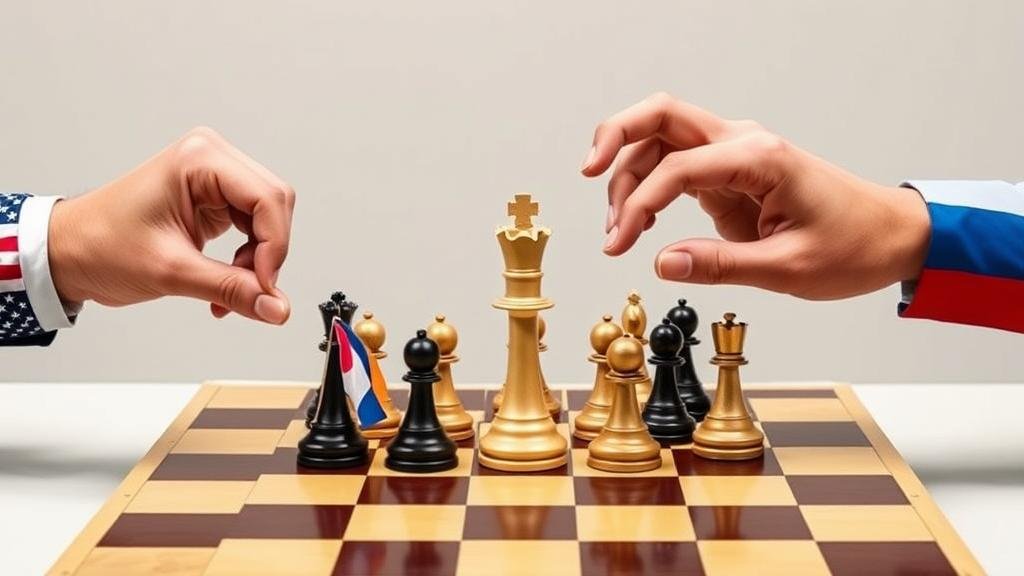 A strategic chess game in motion. A hand with an American flag sleeve makes a direct move, while a hand with a Russian flag sleeve strategically divides pieces with European flags. A Ukrainian king piece sits vulnerably in the center.