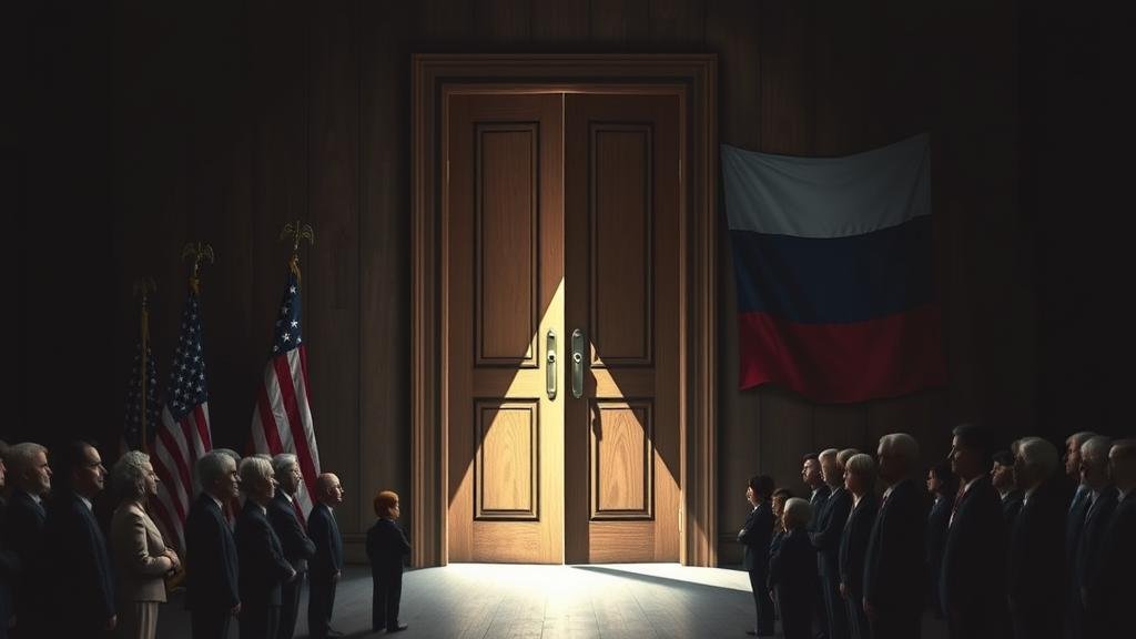 A tense, dimly lit room with a heavy wooden door at the center. From under the door, a revealing light shines, and the distinct shadows of the American and Russian flags are cast into the room. Gathered on the outside, a group of diverse figures symbolizing European leaders watch the door with anxious and concerned expressions, representing their exclusion from a critical decision.