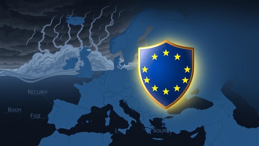 A stylized map of Europe under a darkening sky. On the eastern frontier, storm clouds representing the Ukraine conflict are brewing. From this area, lines of people representing refugees flow westward into EU countries. In the heart of the continent, a glowing shield with the European Union flag stands firm, symbolizing the defense of European security.