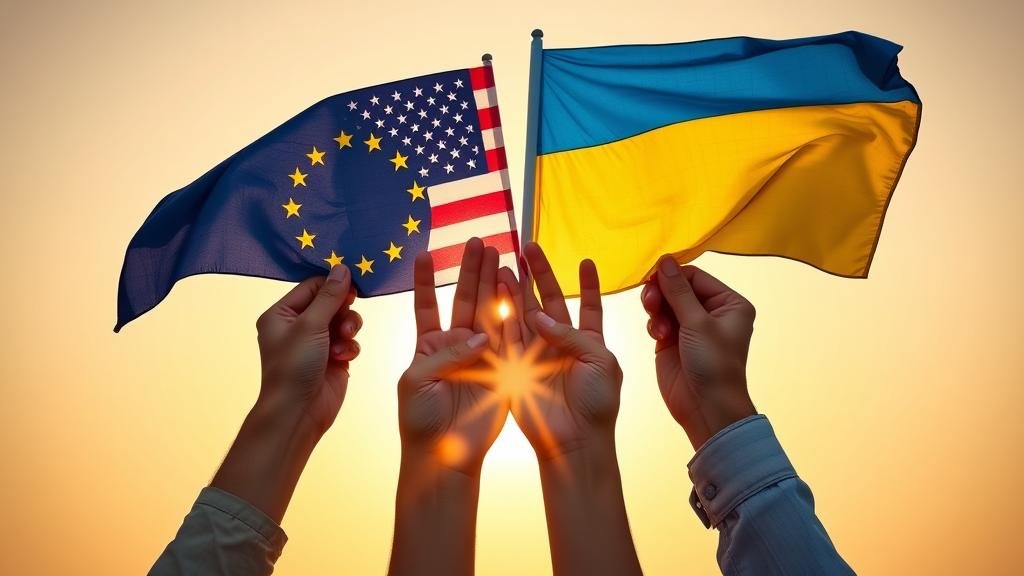 Four hands representing the EU, US, UK, and Ukraine hold their intertwined flags together against a sunrise, symbolizing solidarity, alliance, and a new era of lasting peace.