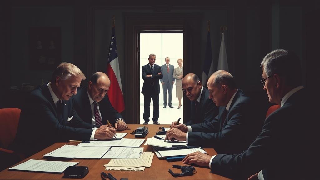 A tense, shadowy backroom where American and Russian diplomats sketch a peace plan while European leaders watch anxiously from a distance.