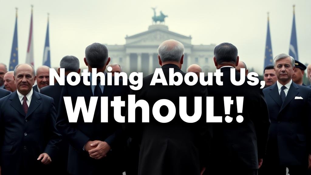 European leaders stand shoulder-to-shoulder, projecting a unified front with the words 'Nothing About Us, Without Us' in the foreground and a ghostly image of the Yalta conference behind them.