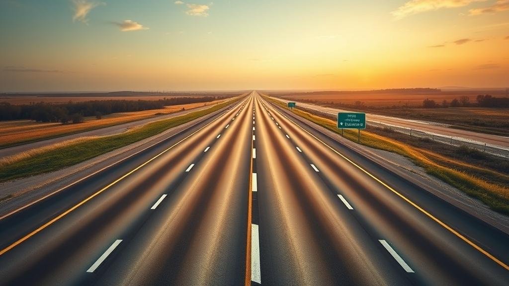 A multi-lane highway stretching to the horizon, with lanes representing market forces like competition, interest rates, and uncertainty.