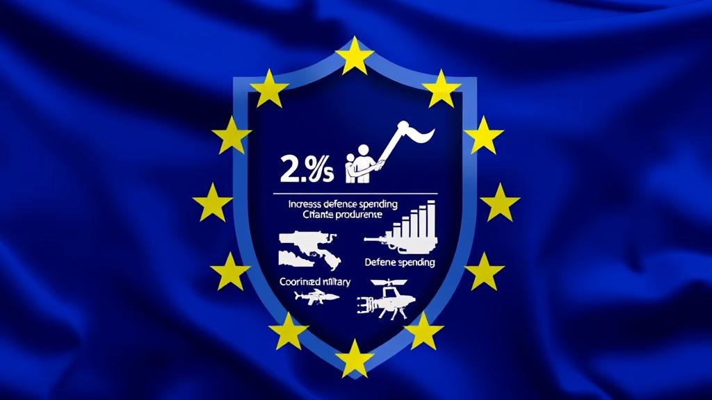 An empowered, dynamic image of the European Union flag depicted as a shield, with graphics inside symbolizing increased defense spending and coordinated military procurement.