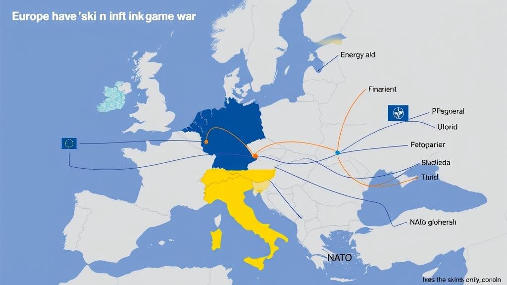 A stylized map of Europe showing the continent's deep involvement in the Ukraine war. Lines representing flows of financial aid, energy resources, and refugees connect various European capitals to Ukraine, with the EU and NATO flags prominently displayed, symbolizing Europe having 'skin in the game'.