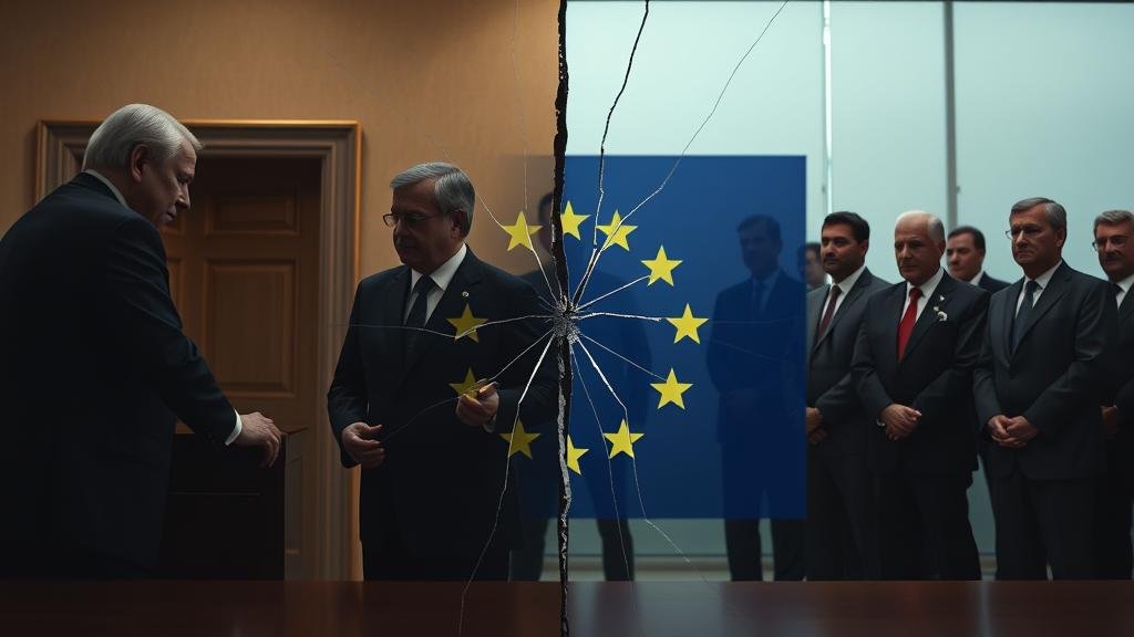 A dramatic split-screen visual. On one side, two leaders are seen making a secretive 'back-channel' deal in a dimly lit room. On the other side, anxious and excluded European leaders watch from a distance as a crack runs through a glass pane featuring the EU flag, representing the risk of a fractured diplomatic front.