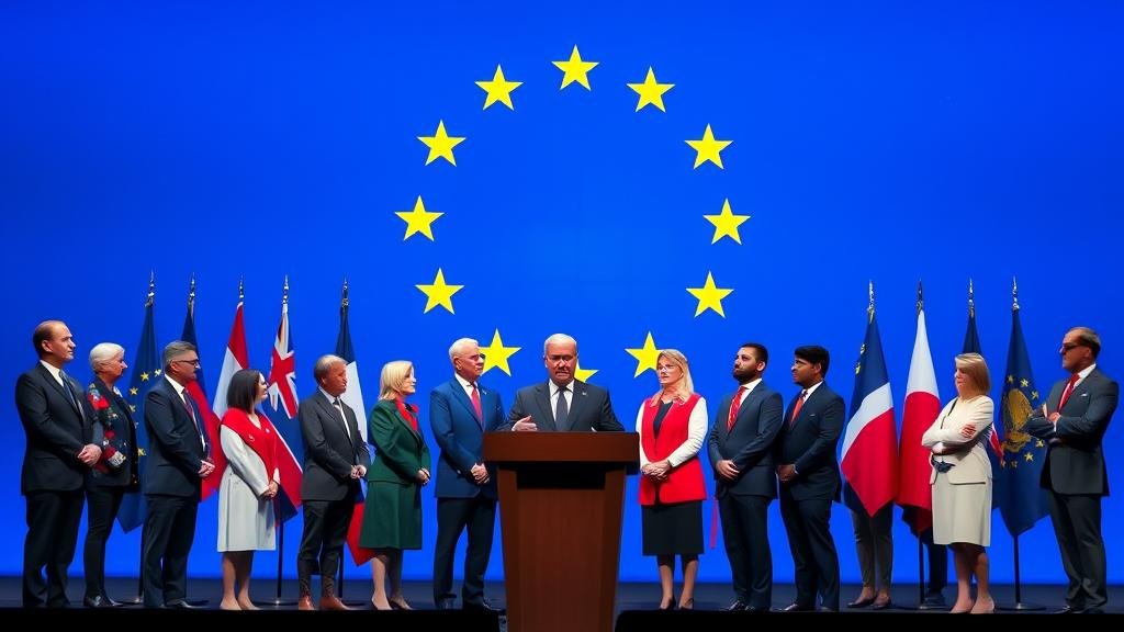 A powerful symbolic image of European unity. A diverse group of European leaders stand together at a podium, their individual voices merging into a single, strong soundwave that forms a protective shield over the continent. This visual represents the idea of a 'unified chorus' for European security.