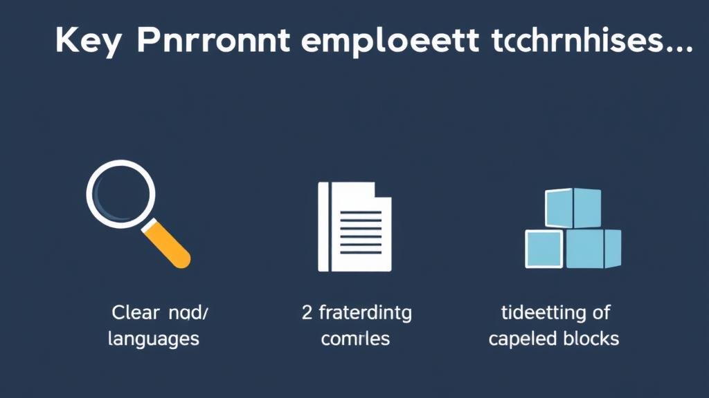 An infographic-style image with icons representing key prompt engineering techniques: a magnifying glass for 'clear and specific language,' two documents for 'few-shot prompting,' and a set of building blocks for 'breaking down complex tasks.'