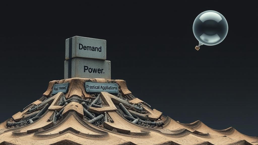 A solid foundation being built with blocks labeled 'Real Demand,' 'Practical Applications,' and 'GPU Power,' representing a strong AI market.