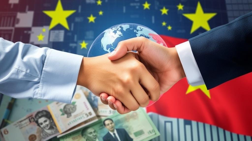 A visual representation of global investment flowing into Vietnam's financial sector, with international hands shaking over a backdrop of Vietnamese currency and financial charts.
