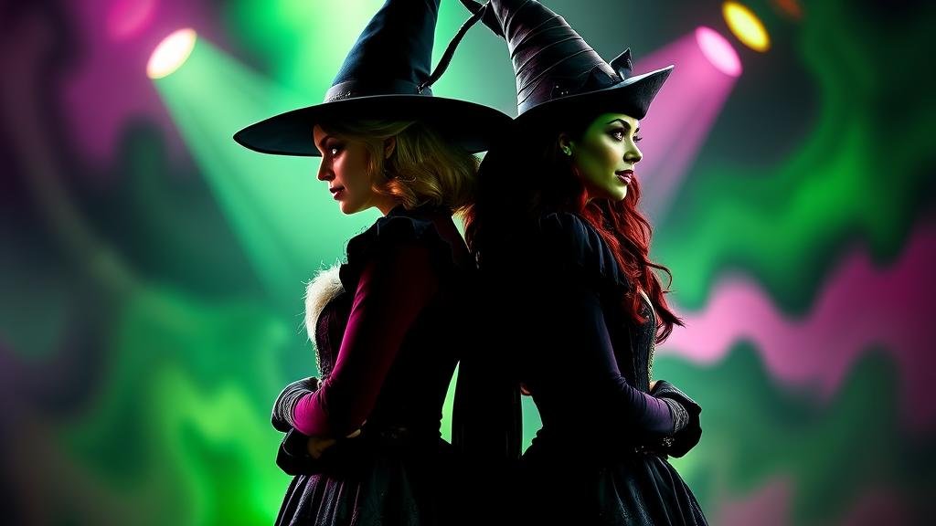 An artistic representation of Glinda and Elphaba standing back-to-back, surrounded by swirling green and pink lights, showing their bond forged in the fire of a massive creative project.