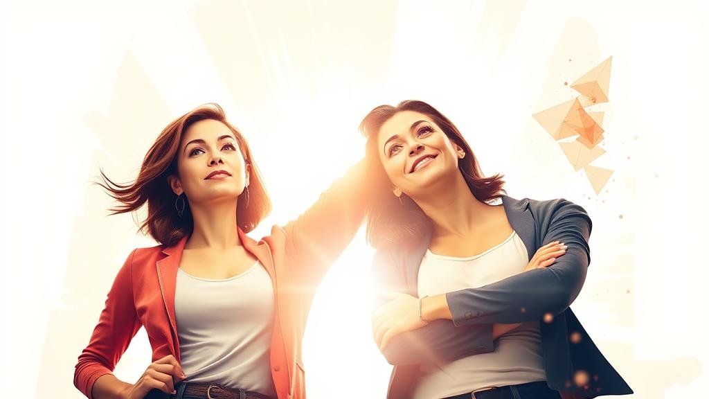 A powerful image of two strong women standing together, united, with light and energy surrounding them, symbolizing sisterhood and mutual respect.