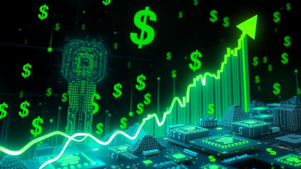 A visual representation of Nvidia's stock chart skyrocketing with glowing AI chips in the background.