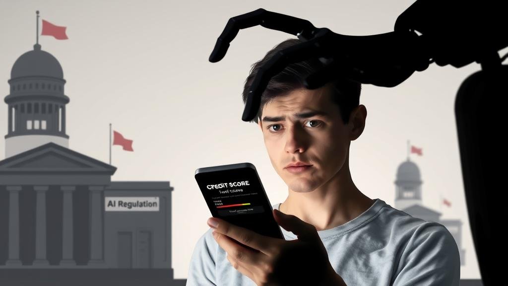 A person looking nervously at their credit score on a phone, while a shadowy robot hand hovers over it. In the background, government-style buildings with 'AI Regulation' signs are being constructed.
