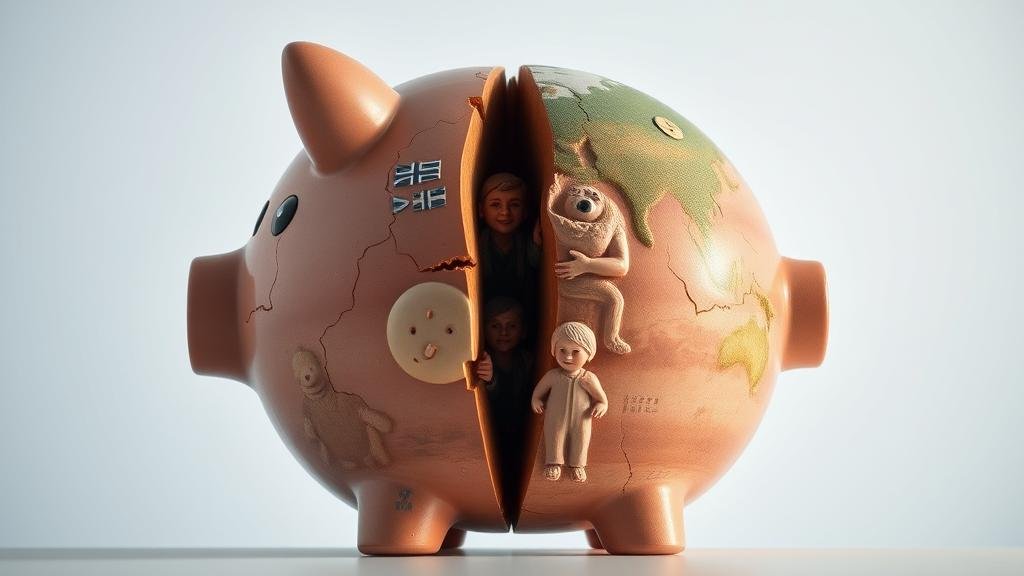 A Norwegian-style piggy bank the size of a small planet, with a crack down the middle, separating a group of smiling people from a group of worried people.