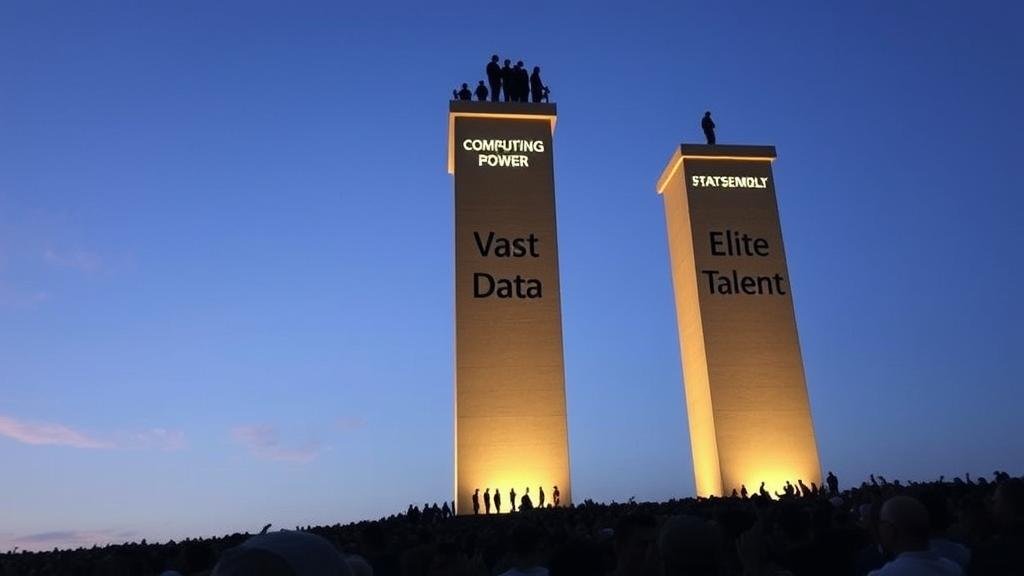 Three towering pillars labeled 'Computing Power,' 'Vast Data,' and 'Elite Talent,' with a small group of people at the top and a large crowd at the bottom looking up.