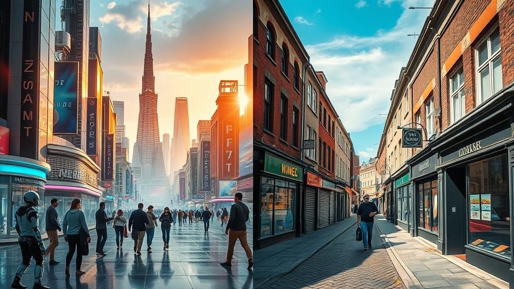 A split image showing a futuristic, gleaming city with robots serving people on one side, and a struggling, old-fashioned main street with closed shops on the other.