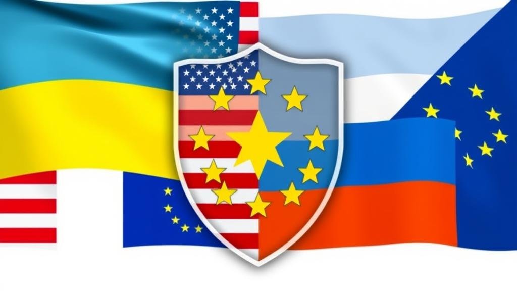 A stylized graphic showing the flags of the US, Ukraine, and Europe interlocking to form a protective shield, representing allied coordination and unity.