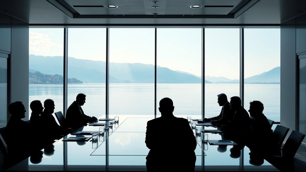 Silhouettes of diplomats in a tense, serious meeting in a modern conference room overlooking Lake Geneva, symbolizing high-stakes global negotiations.