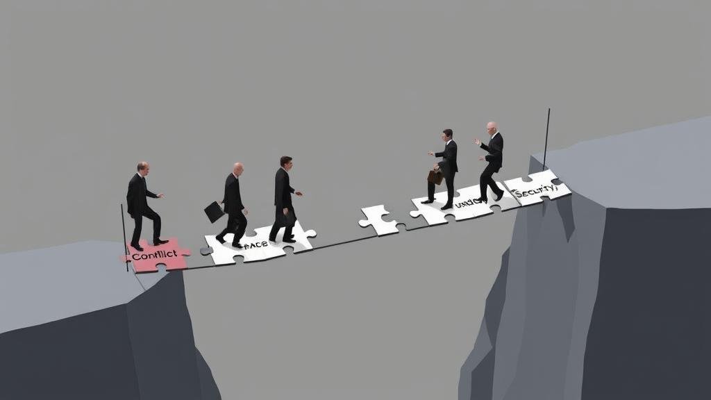 Diplomats carefully walking a tightrope bridge made of puzzle pieces labeled Sovereignty, Funding, and Security.
