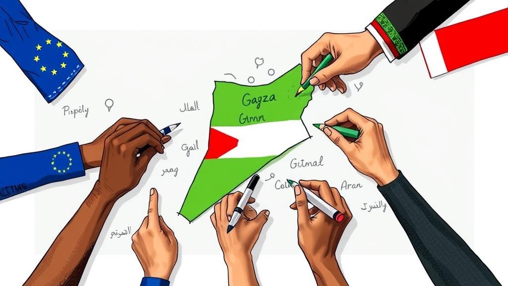 A blueprint for Gaza reconstruction with large red question marks over sections labeled Governance, Security, and Funding.