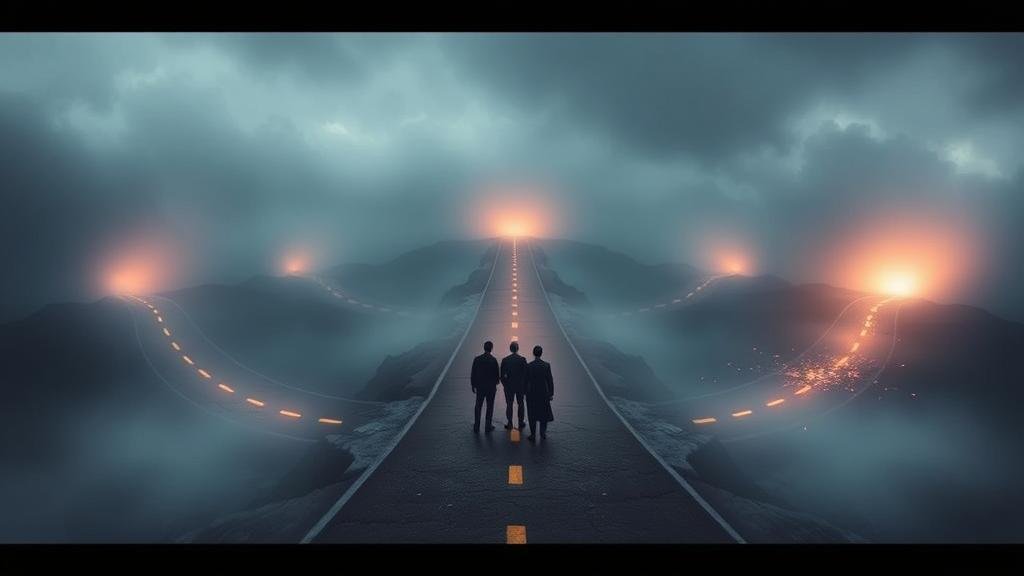 A crossroads with multiple diverging paths disappearing into a thick fog, representing uncertain choices for the Western alliance.