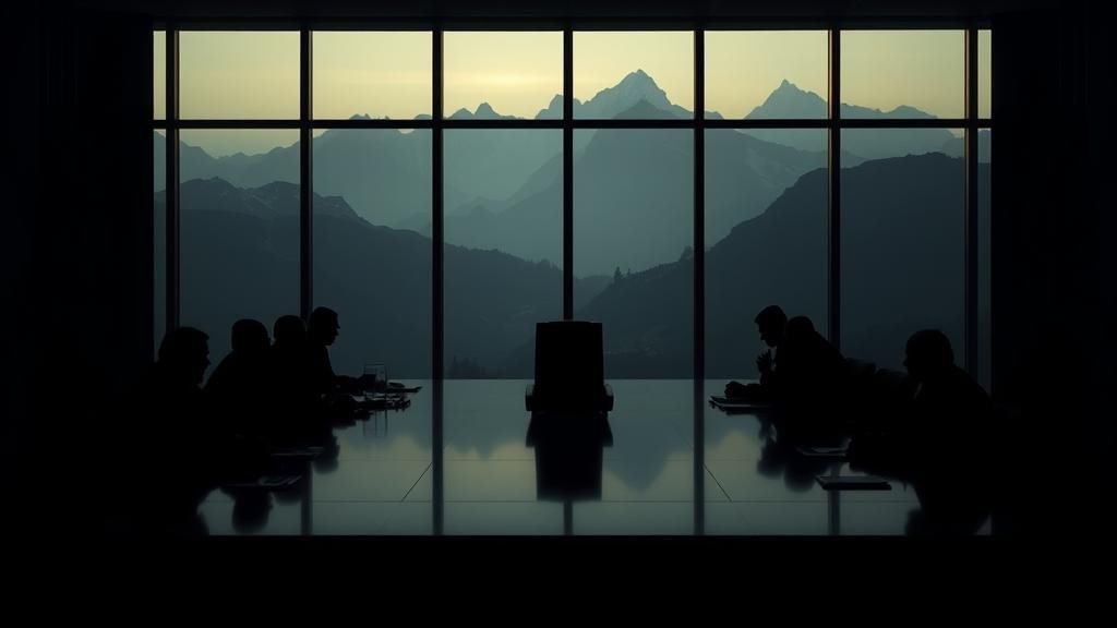 A tense and shadowy diplomatic meeting in Geneva. Silhouettes of world leaders are gathered around a large, polished table, but the room is filled with an air of suspense and mistrust.