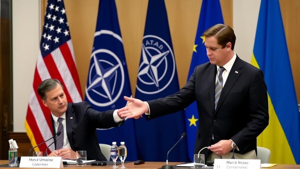 US Secretary of State Marco Rubio at the Geneva meeting, extending a hand to Ukrainian and European diplomats to rebuild trust and unity. The flags of the US, NATO, and EU are in the background.