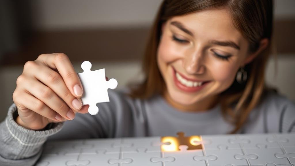 A person smiling as they easily place a single, small, glowing puzzle piece into a larger puzzle, representing the simplicity of a micro-habit.