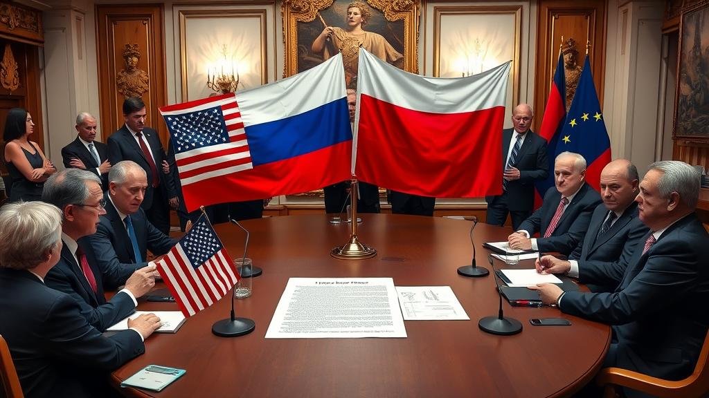A chaotic diplomatic meeting in Geneva. The US and Russian flags are on a table with a peace treaty, while representatives from European nations look shocked and blindsided.