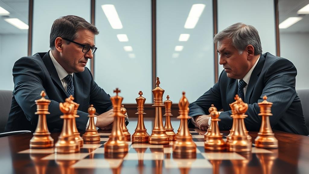A high-stakes chess match between two mining executives in a boardroom. The chess pieces are made of gleaming copper, symbolizing the corporate battle for control of green energy metals.