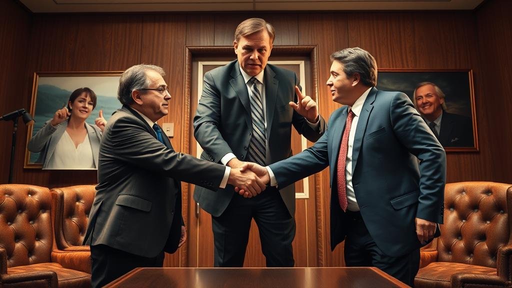 A dramatic and chaotic scene where a third, larger, more imposing business figure bursts into a room, disrupting a handshake between two other executives. This illustrates the hostile takeover bid crashing the original merger plans.