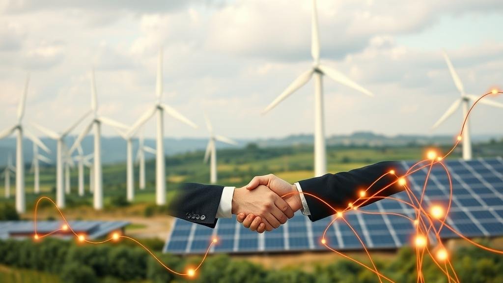 An optimistic scene of two business leaders shaking hands in front of a backdrop of green energy projects like wind turbines and solar farms, all interconnected by shining copper wiring. This represents the planned strategic union to dominate the copper market.