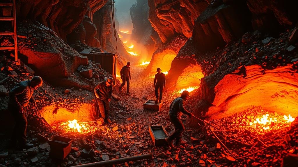 A modern-day gold rush, but instead of gold, miners are eagerly excavating glowing veins of copper. The scene is filled with energy and competition, highlighting the new 'copper rush' for the minerals powering the future.