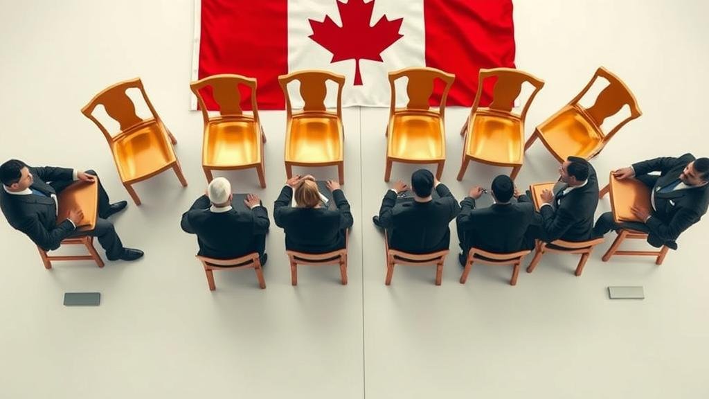 An overhead shot of business people playing a fast-paced game of musical chairs, with the chairs made of gleaming copper to represent the global rush for critical minerals.