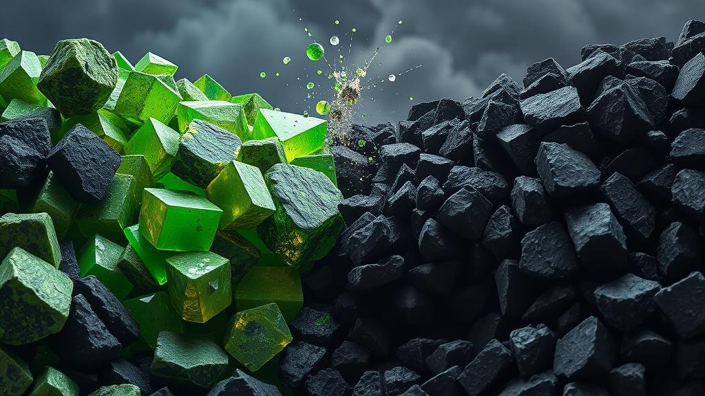 An allegorical image showing a clash of elements: green, glowing minerals like copper pushing against dark, rough coal, symbolizing a conflict between clean energy and fossil fuels.